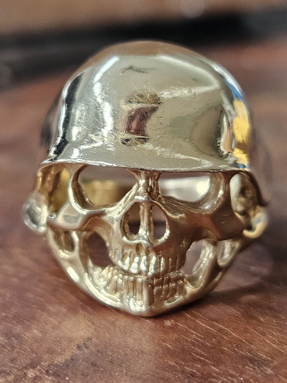 Solid 14k Gold Skull Helmet Statement Ring Army Biker Soldier USMC